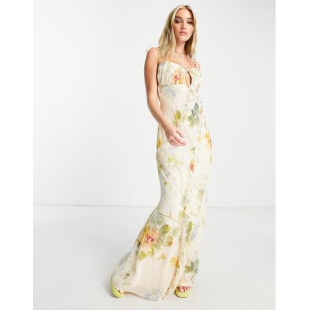 Hope & Ivy Lange jurk met gerimpelde buste en bloemenprint in crème-Wit