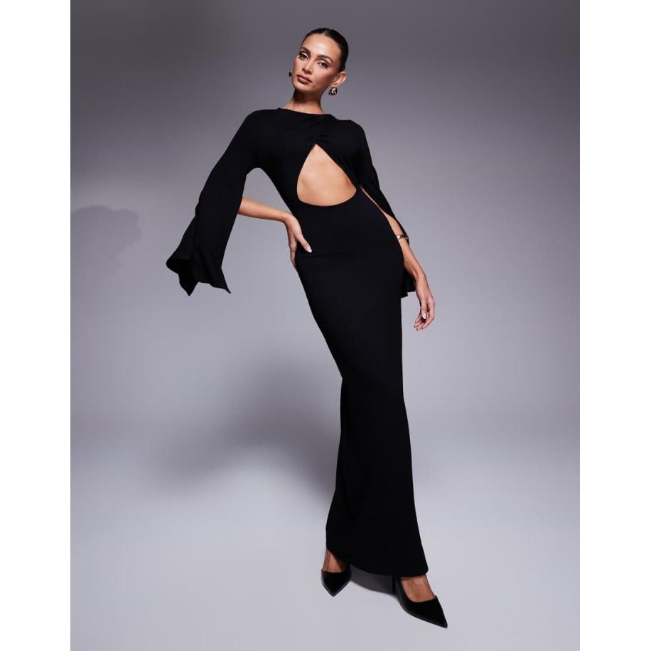 ASOS DESIGN Maxi jurk met gespleten uitlopende mouwen en uitsnijding in zwart Zwart