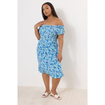 Yours Midijurk Met Bardothals En Bloemontwerp In Blauw Size 42