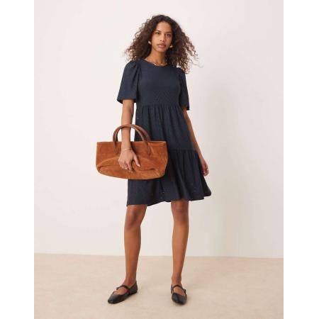 JDY Mini jurk van broderie met stroken in marineblauw