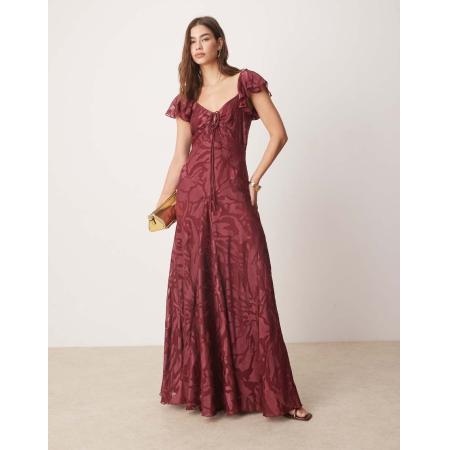 ASOS DESIGN Maxi-jurk met fladdermouwen, gestrikte voorkant en burn-out motief in bordeauxrood