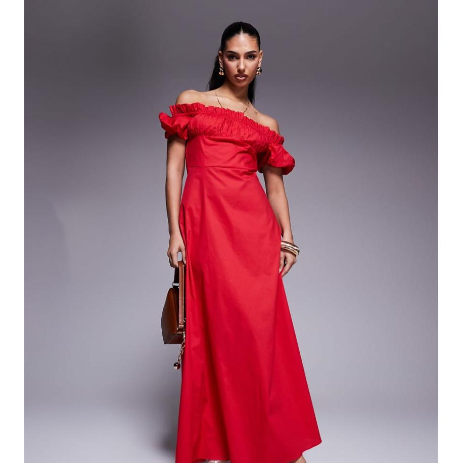 Kaiia Exclusives Maxi bardotjurk van popeline met pofmouwen in rood Rood