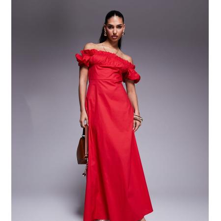 Kaiia Exclusives Maxi bardotjurk van popeline met pofmouwen in rood