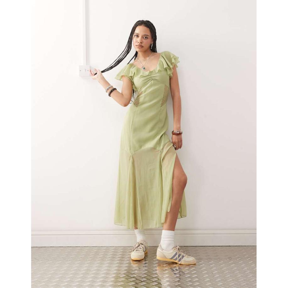 Reclaimed Vintage Nette midi-jurk met kanten panelen en fladdermouwen in pastelgroen-Veelkleurig Multicolor