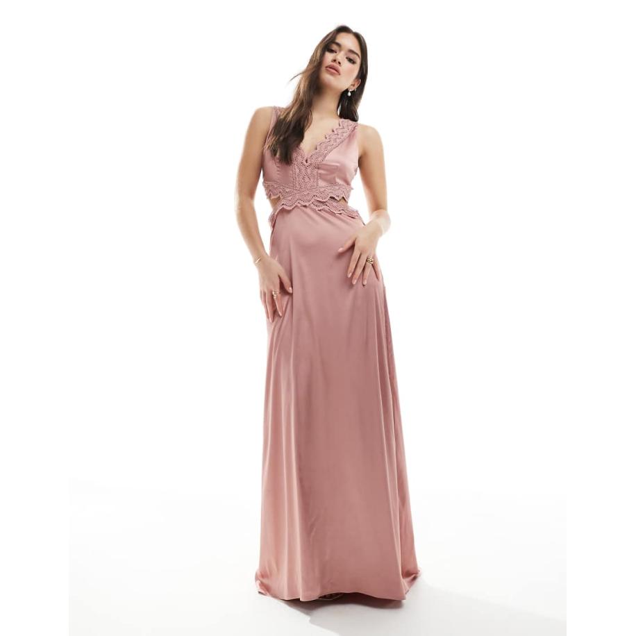 TFNC Bruidsmeisjes Satijnen maxi jurk met geschulpt kanten detail in roze Roze