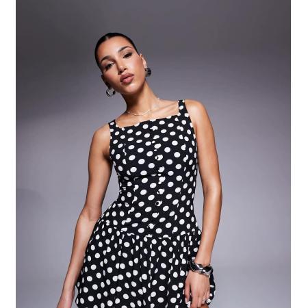 Kaiia Exclusives Maxi jurk met hoge vierkante hals, knopen en gerimpelde rok in zwart-witte stippenprint-Veelkleurig