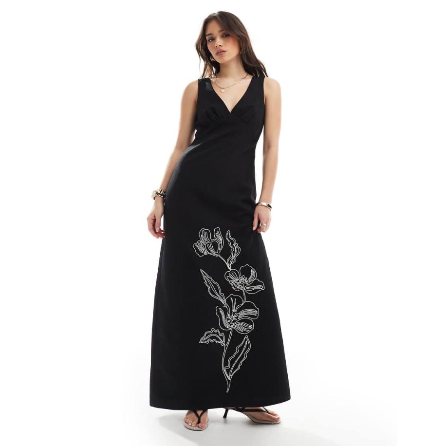 4th & Reckless Maxi-jurk met linnenlook, V-hals en geborduurde bloemen in zwart Zwart