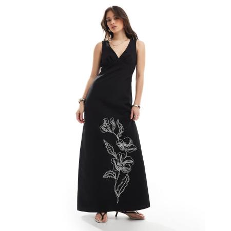 4th & Reckless Maxi-jurk met linnenlook, V-hals en geborduurde bloemen in zwart