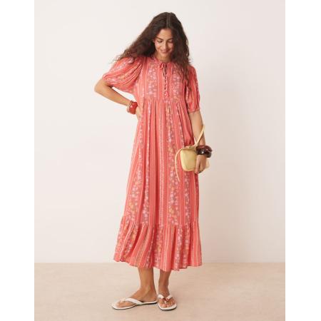 YAS Festival Maxi jurk in boho-stijl met pofmouwen, knopen aan de voorkant en bloemen- en strepenprint in koraal-Veelkleurig