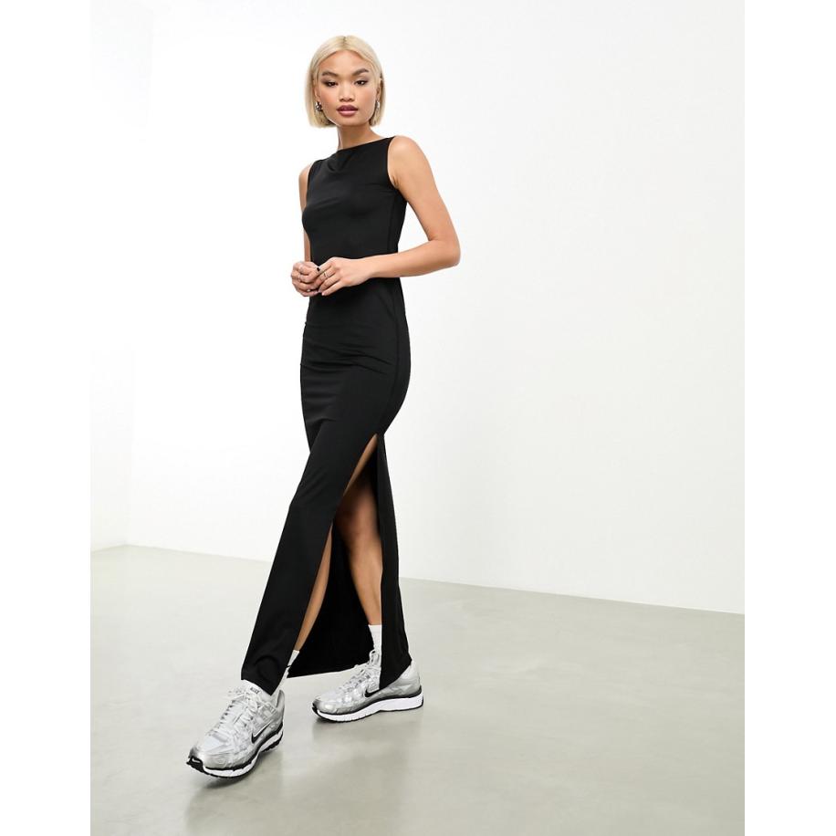 Weekday Annie Maxi jurk met boothals en zijsplit in zwart Zwart