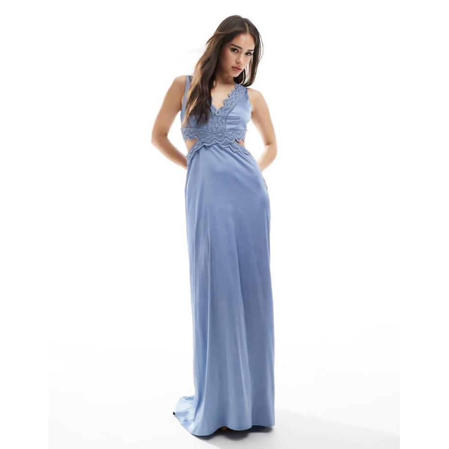TFNC Bruidsmeisjes Satijnen maxi jurk met geschulpt kanten detail in blauw Blauw