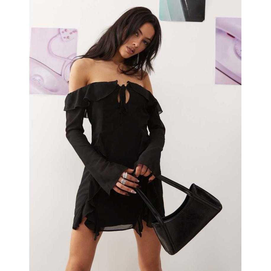 Princess Polly Bardot mini jurk van chiffon met gestrikte voorkant en ruches in zwart Zwart