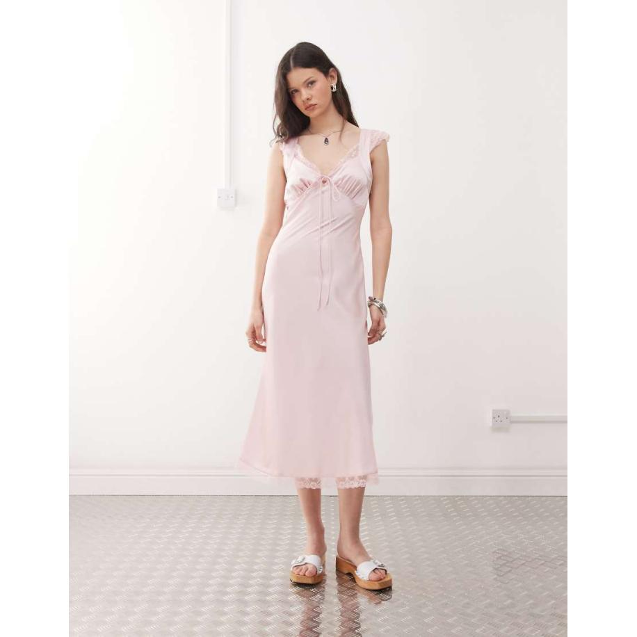 Reclaimed Vintage Nette midi-jurk met kanten inzetstukken in babyroze-Veelkleurig Multicolor