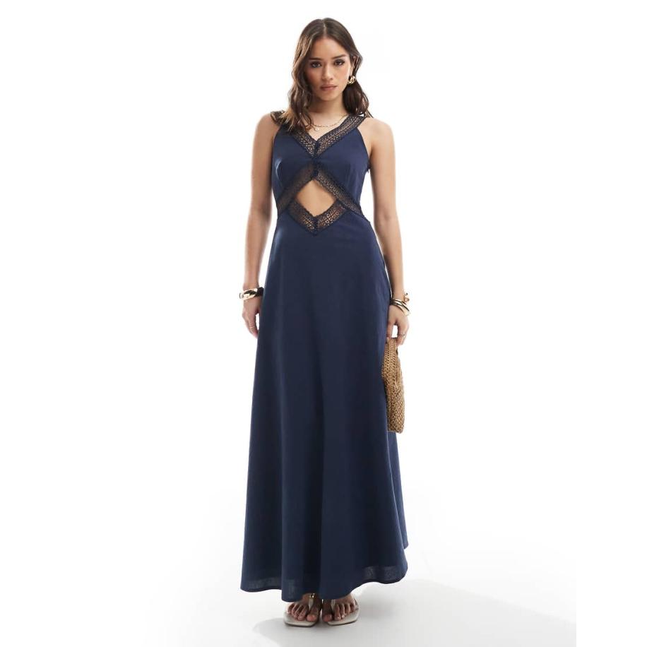 4th & Reckless Maxi-jurk met gehaakte randen, uitsnijding aan de voorkant en V-hals in marineblauw Blauw