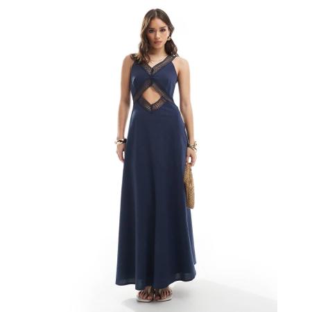 4th & Reckless Maxi-jurk met gehaakte randen, uitsnijding aan de voorkant en V-hals in marineblauw