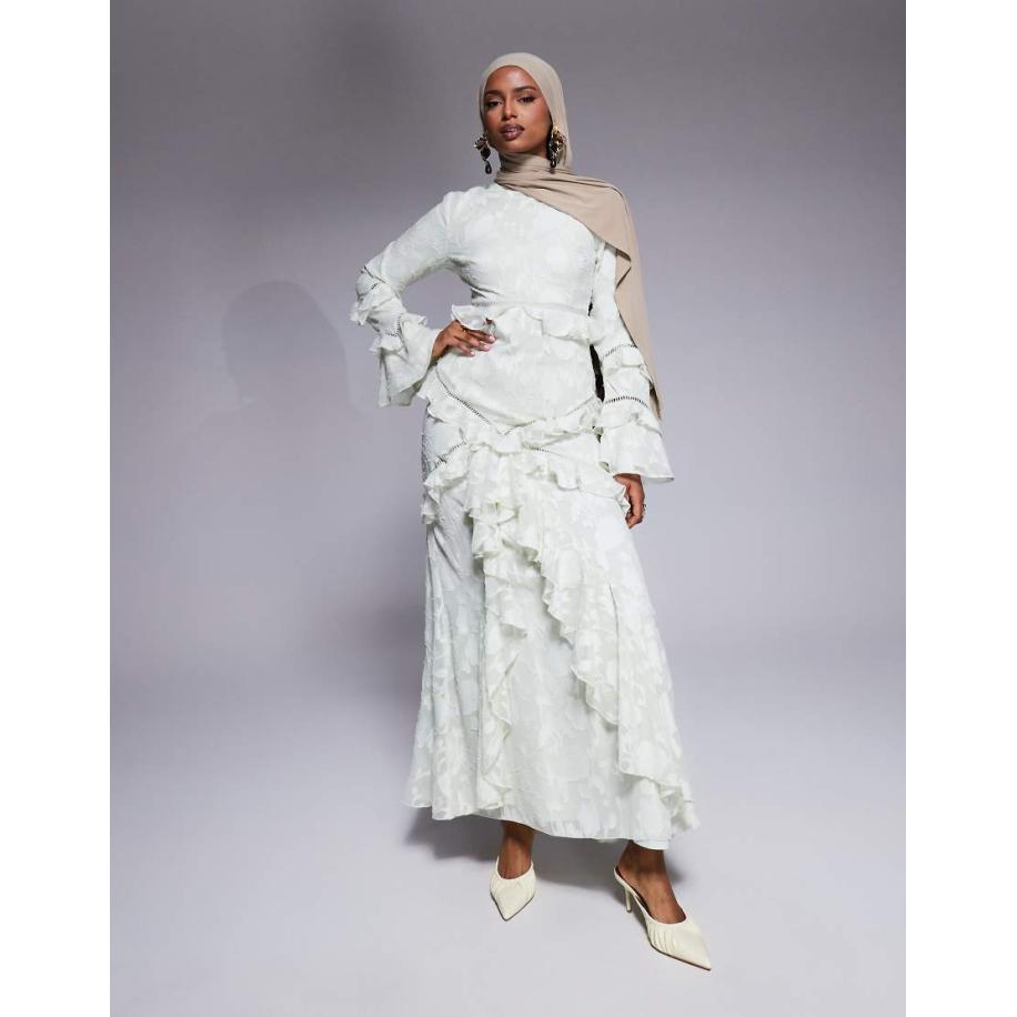 ASOS DESIGN Maxi-jurk van jacquard met ruches en lange mouwen in saliegroen Groen