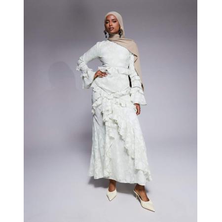 ASOS DESIGN Maxi-jurk van jacquard met ruches en lange mouwen in saliegroen