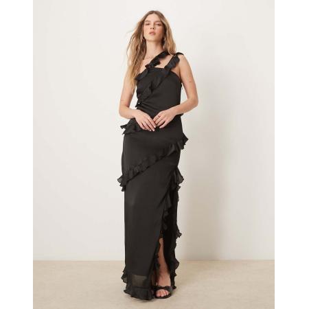Pretty Lavish Maxi jurk met asymmetrische ruches en blote schouder in zwart