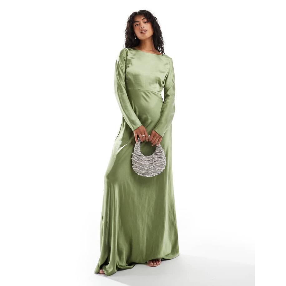 Six Stories Bruidsmeisjes Satijnen maxi jurk met lange mouwen en gedrapeerde achterkant in mosgroen Groen