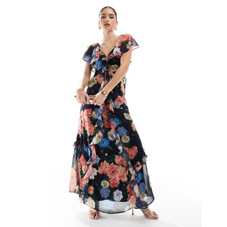 Hope & Ivy Maxi-jurk met ruches, kanten randen en keyhole-detail in marineblauw met bloemenprint