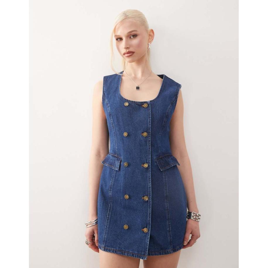Lioness Denim mini-jurk met dubbele knoopsluiting aan de voorkant in middenblauwe wassing Blauw