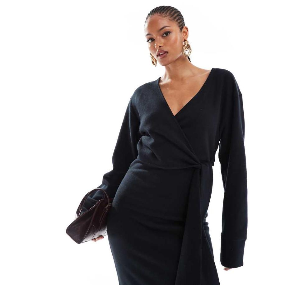 ASOS DESIGN Tall Superzachte diepuitgesneden midi jurk met strik in zwart Zwart