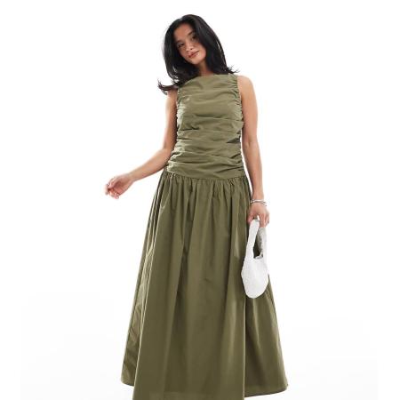 4th & Reckless Petite Mouwloze maxi-jurk van popeline met rimpeleffect en verlaagde taille in kaki-Groen