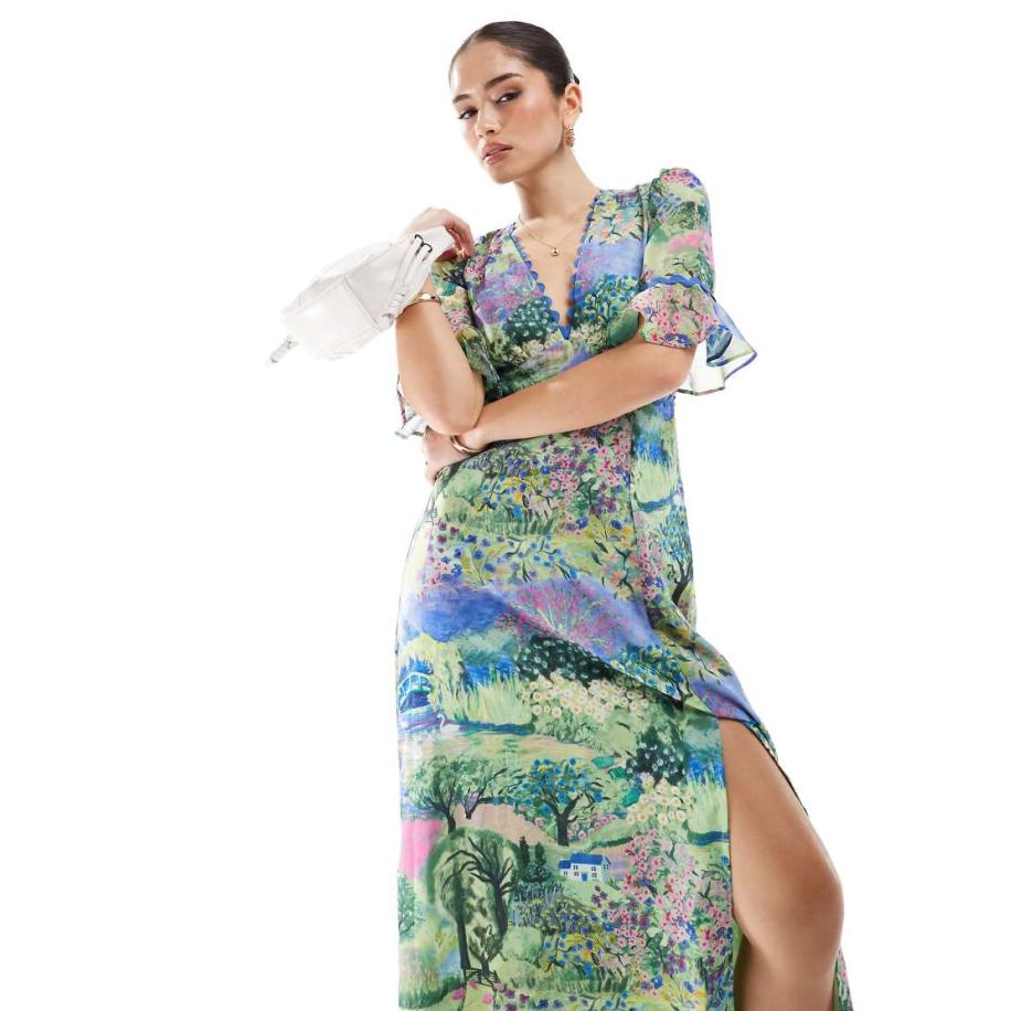 Hope & Ivy Maxi-jurk met ruches aan de moouwen, dijspllit, open achterkant en groene landschapsprint Groen