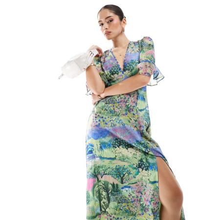 Hope & Ivy Maxi-jurk met ruches aan de moouwen, dijspllit, open achterkant en groene landschapsprint