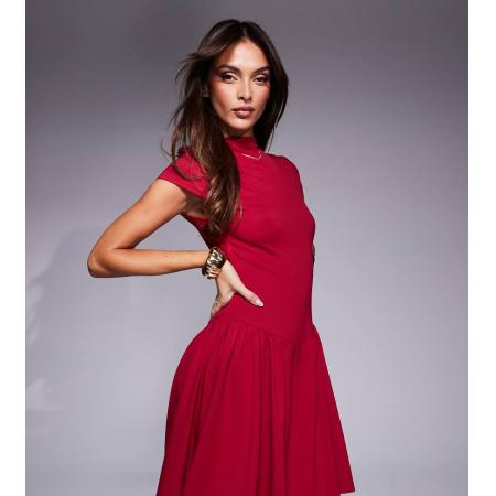 Kaiia Exclusive Geplooide hoogsluitende mini jurk met kapmouwtjes in rood