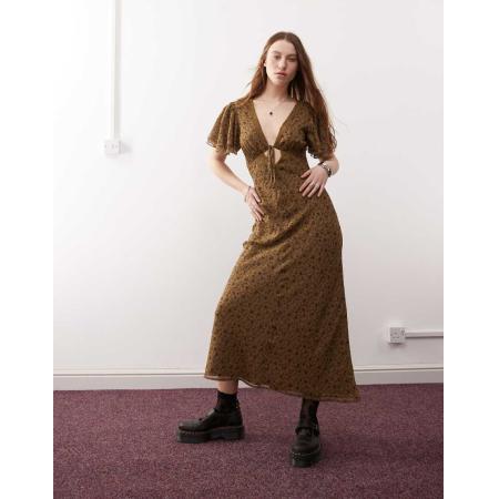 Reclaimed Vintage Nette maxi-jurk met keyhole-uitsnijding en kant in bloemenprint-Veelkleurig