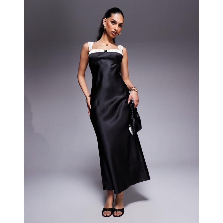 Princess Polly Satijnen maxi jurk met contrasterende bandjes en strikje aan de voorkant in zwart Zwart
