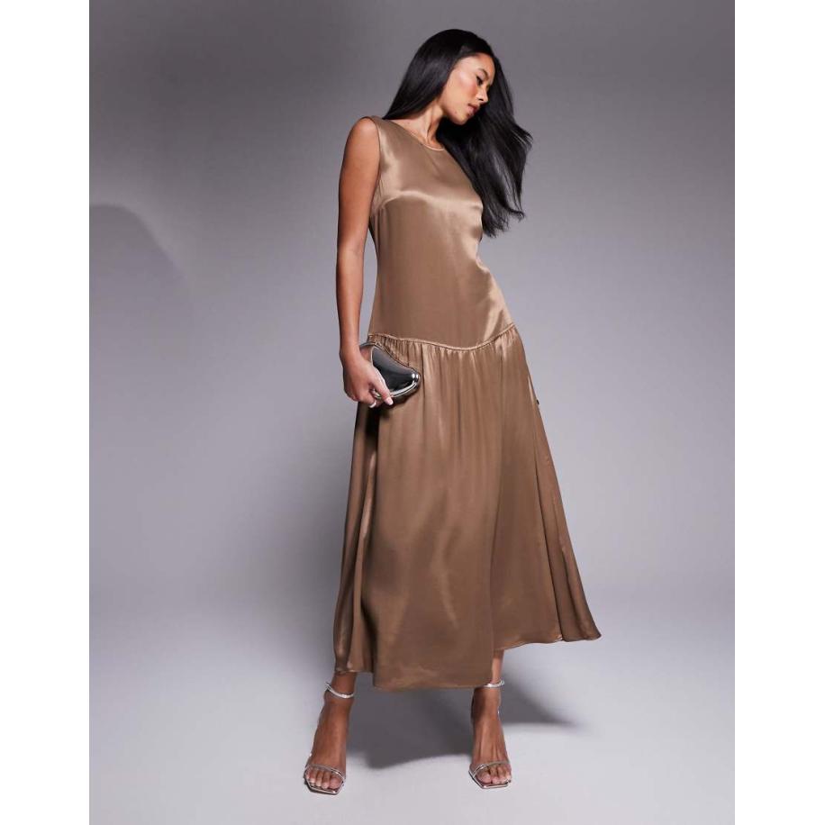 ASOS DESIGN Mouwloze maxi-jurk met verlaagde taille in donkerbruin Bruin
