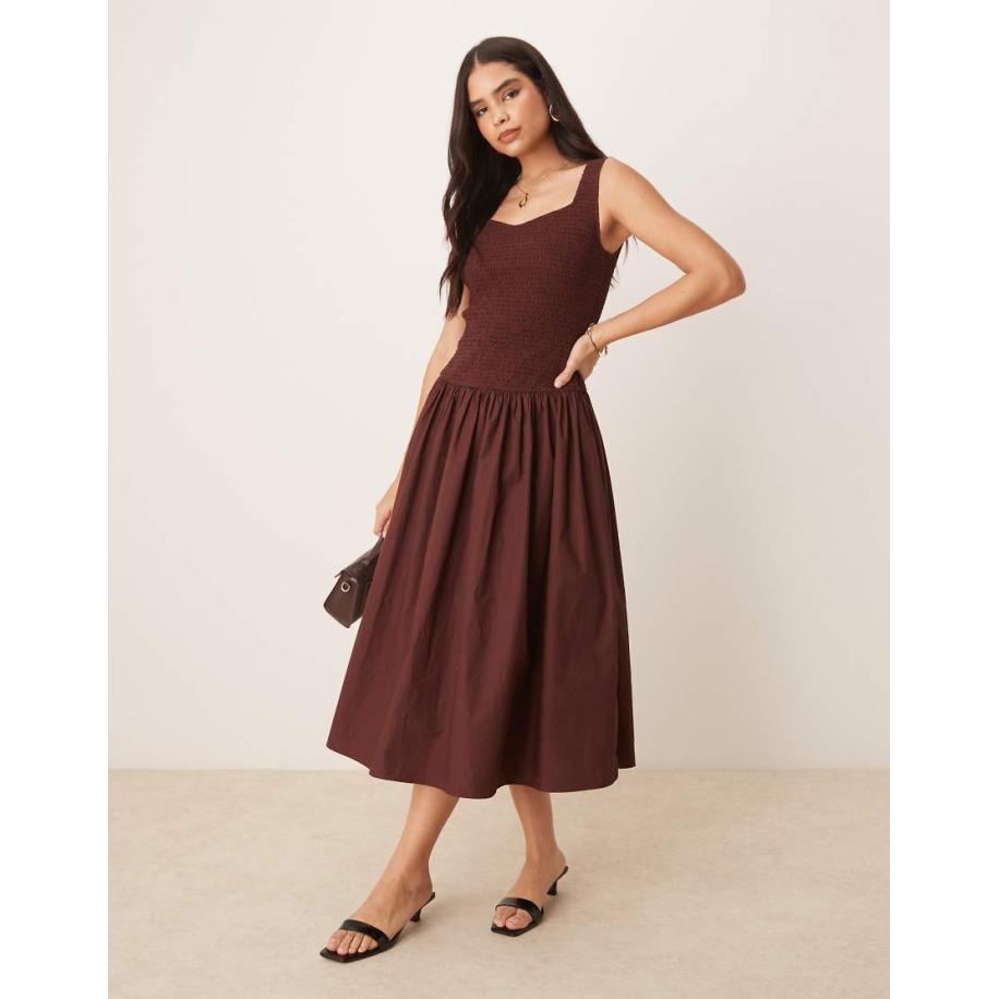 Nobody's Child Thalia Midi jurk met opengewerkt lijfje en druppelzoom in chocolade-Bruin Bruin