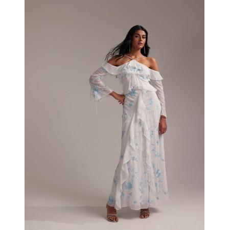 ASOS DESIGN Bruidsmeisjes Maxi-jurk met ruches en blote schouder in lichtblauw