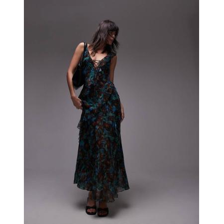 Topshop Maxi slipdress met ruches in groene bloemenprint-Veelkleurig