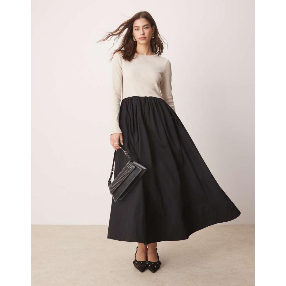 YAS Maxi-jurk van jersey met lange mouwen in zwart en crème Zwart