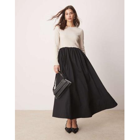 YAS Maxi-jurk van jersey met lange mouwen in zwart en crème