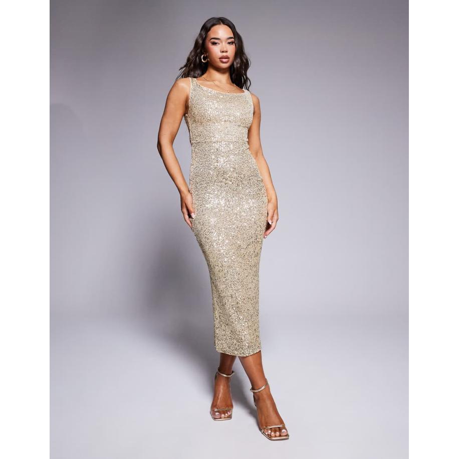 ASOS DESIGN Bardot midi jurk met lage ronde hals en pailletten in goud Goud