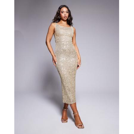 ASOS DESIGN Bardot midi jurk met lage ronde hals en pailletten in goud