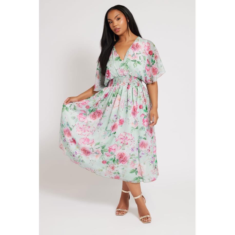 Yours London Midaxi Jurk Met Bloemenmotief En Elastische Taille In Lichtblauw/Roze Size 58-60 Blauw