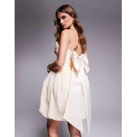 ASOS LUXE Mini-jurk met structuur, lovertjes en satijnen strik in crème-Wit
