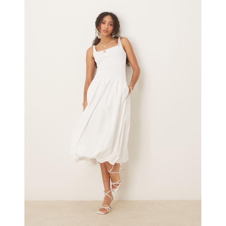 Abercrombie & Fitch Bubble midi jurk met verlaagde taille in wit-Grijs Grijs