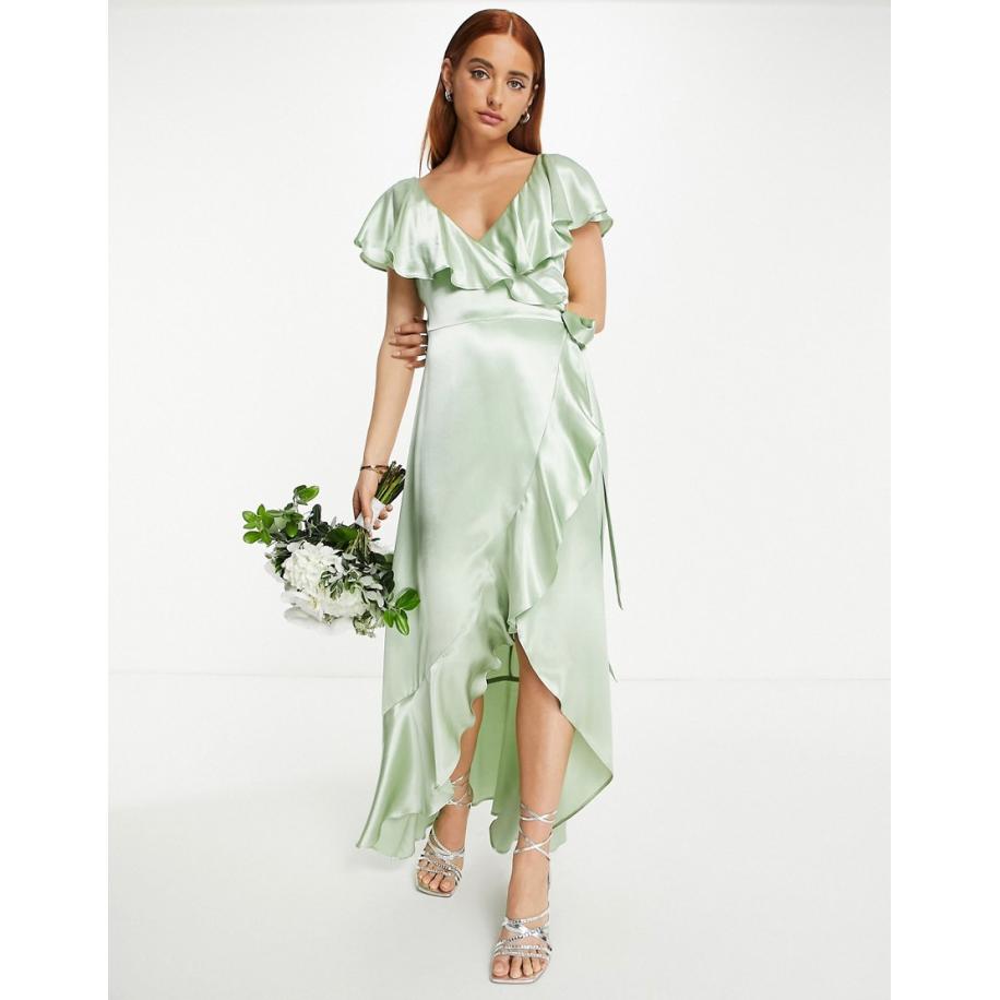 Topshop Bruidsmeisjes Satijnen wikkeljurk met ruches in saliegroen Groen