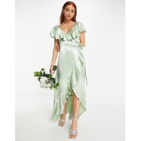 Topshop Bruidsmeisjes Satijnen wikkeljurk met ruches in saliegroen