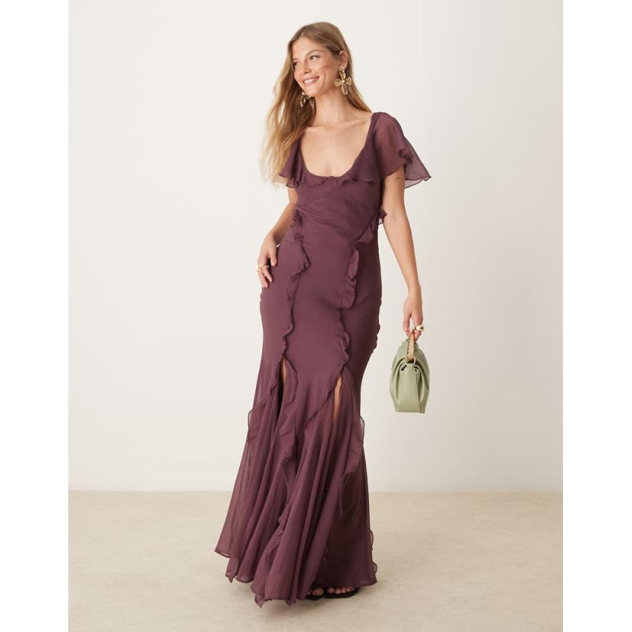 ASOS DESIGN Maxi-jurk met fladdermouwen en ruches en godet-inzetstukken in paars Paars