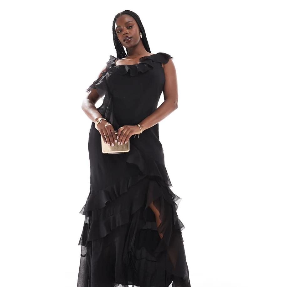 ASOS DESIGN Curve Schuingesneden maxi jurk met asymmetrische schouder en ruches in zwart Zwart