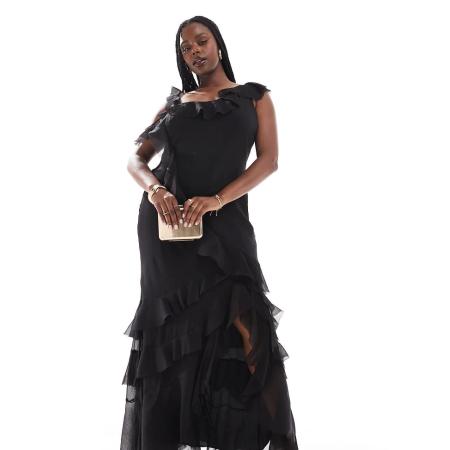 ASOS DESIGN Curve Schuingesneden maxi jurk met asymmetrische schouder en ruches in zwart