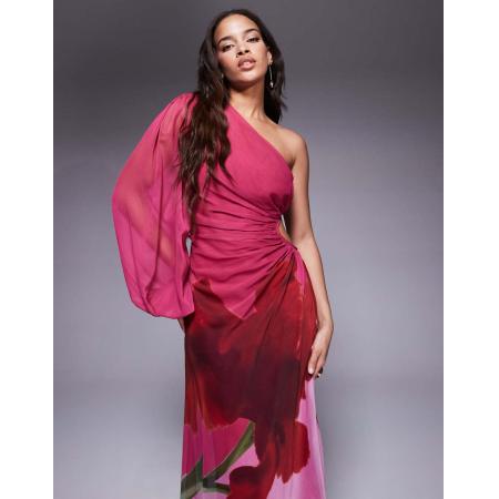 ASOS DESIGN Maxi jurk met blote schouder, uitgesneden taille en print-Veelkleurig