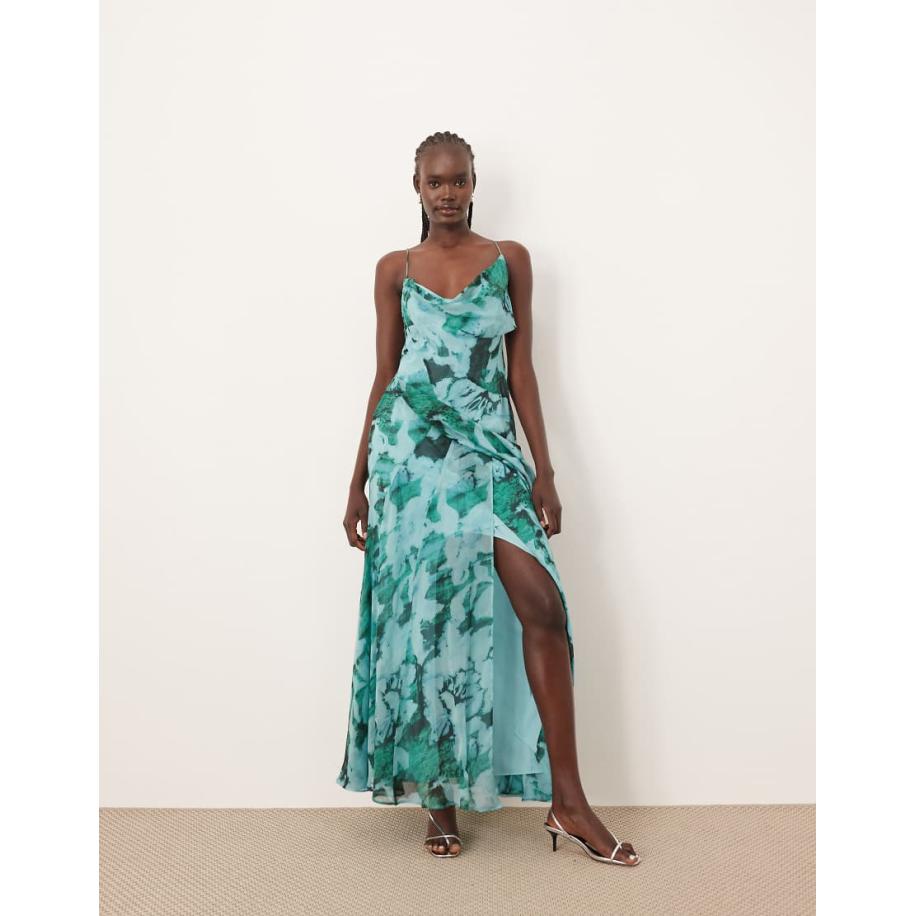 ARRANGE Asymmetrisch gedrapeerde maxi jurk van chiffon in blauwe abstracte print-Veelkleurig Multicolor